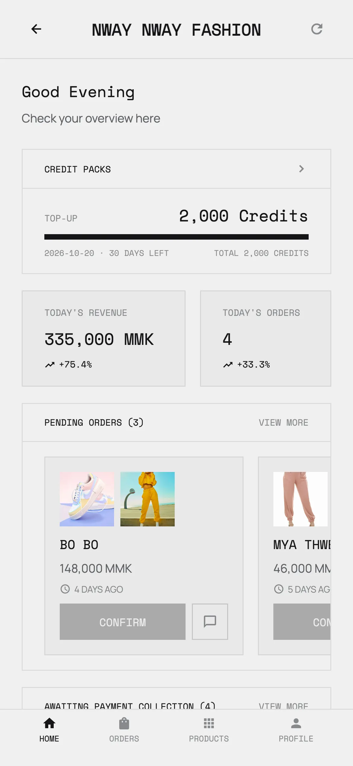 The BizCoPilot home screen: today’s revenue, pending orders and low stock.