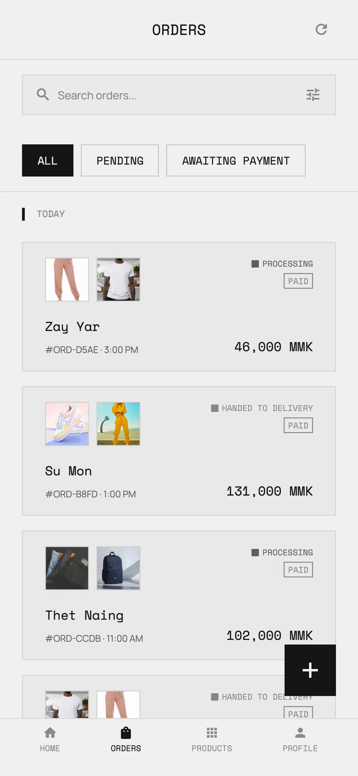 The order list: customer, amount and status for each order.