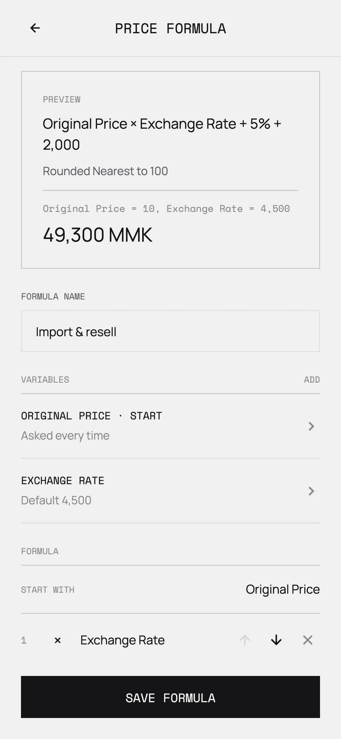 The price formula builder, showing Original Price × Exchange Rate + 5% + 2,000 rounded to the nearest 100.