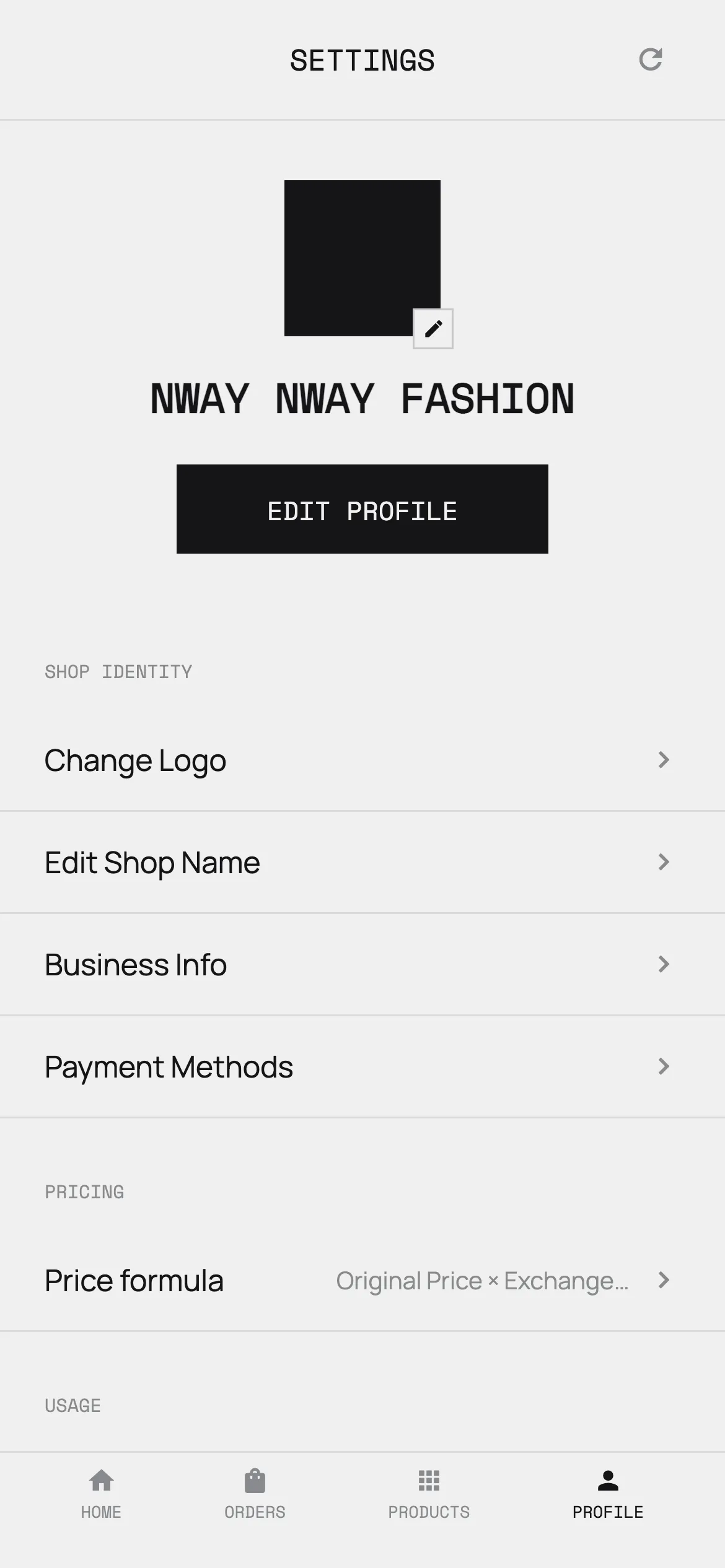The settings screen, with the saved formula listed under Pricing.